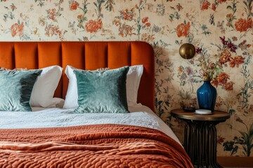 Bed table in stylish bedroom with decorative wallpaper and velvet wall , ai