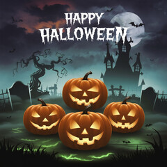 Haunted Graveyard with Glowing Jack-O'-Lanterns and Happy Halloween Message