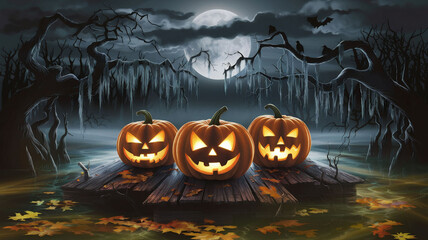 Spooky Jack-O'-Lanterns on a Haunted Dock in a Forest Under the Full Moon