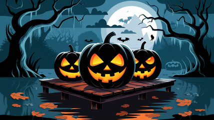 Spooky Jack-O'-Lanterns on a Haunted Dock in a Forest Under the Full Moon