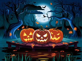 Spooky Jack-O'-Lanterns on a Haunted Dock in a Forest Under the Full Moon