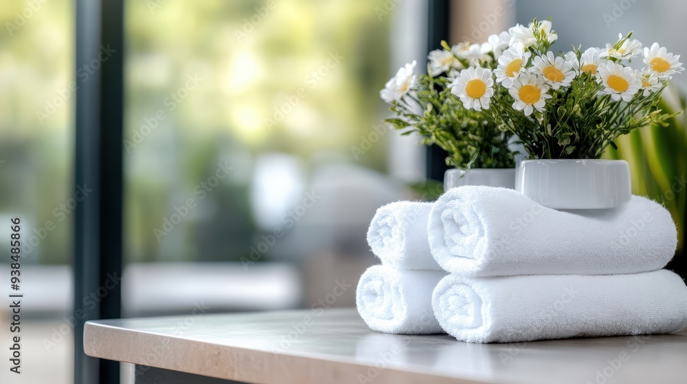 Poster a harmonious bathroom scene showing white rolled towels near daisies in a sleek container, with a wi