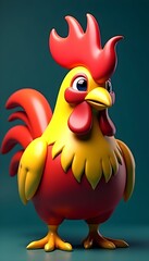 A colorful rooster with bright red and yellow feathers, a prominent crest, and a thick beak, positioned against a dark teal background, rendered in 3D  