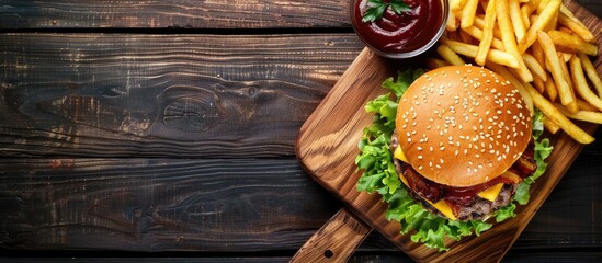 Fototapeta premium Top View Close Up Burger And Fries On Wooden Board