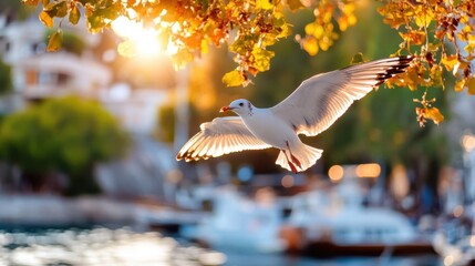 A seagull gracefully flies through tree branches with a waterfront view in the background, capturing a mix of urban elements, nature, and serene sunset hues.