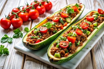 Vibrant color blocked beef and tomato stuffed zucchini boats on white marble against rustic wooden background, morning sunlight, crispy shadows, depth of field, high angle shot, savory appeal