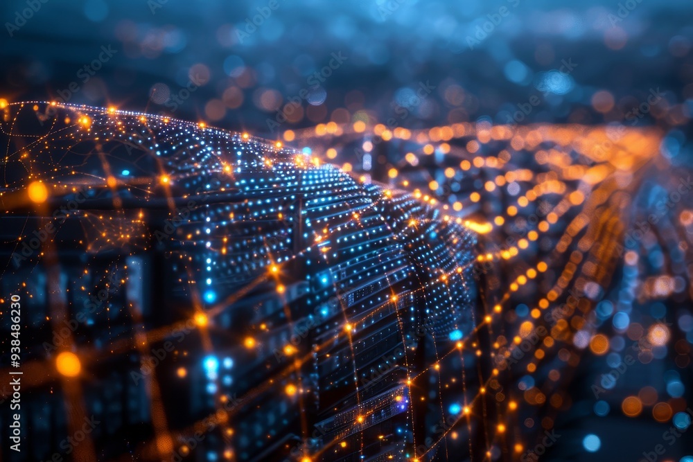 Poster glowing lights form intricate patterns, illustrating data flow and connectivity in a vibrant abstrac