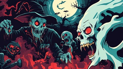 funny picture of halloween characters together, zombie, witch, pumpkin, vampire, frankinstein, castle and spirits