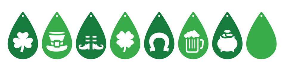 Set of St Patricks Day teardrop designs for earrings, pendant or keychain. Jewelry silhouette cut template. Laser cutting with leather, wood or metal