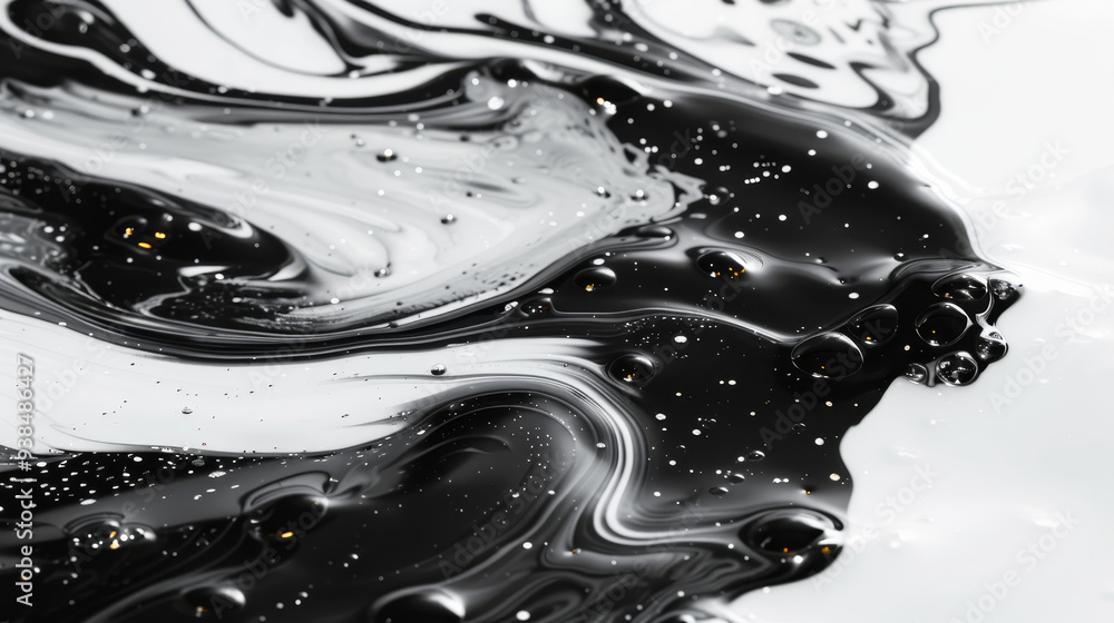 Poster dynamic black and white paint blend elegantly, creating captivating swirls and glimmering bubbles th