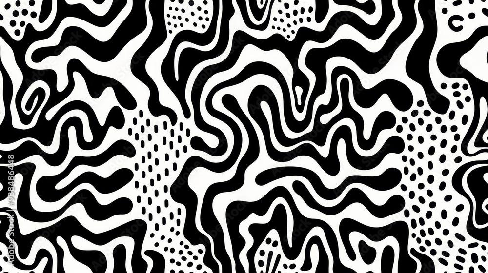 Poster a striking abstract design featuring flowing black and white lines intertwined with dotted patterns,