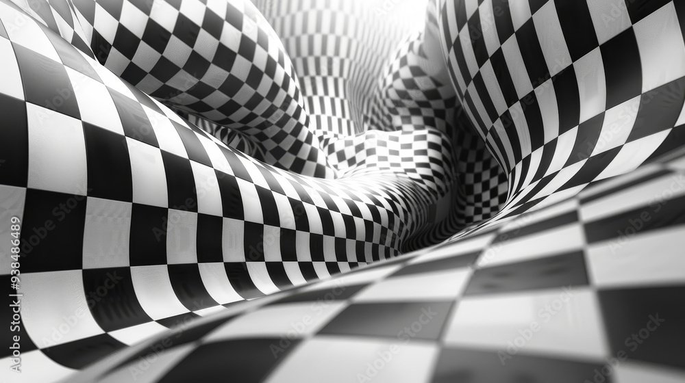 Poster a swirling landscape of black and white checkered patterns creates a dynamic, abstract visual effect