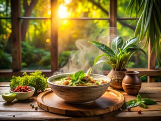 Vibrant tropical morning scene with steaming Tod Mun Pla on wooden platter amidst fresh herbs and lemongrass, golden light pouring through misty kitchen window.