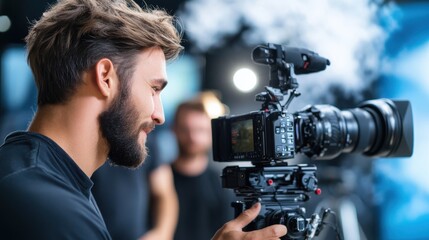A man operates a professional camera in a studio setup, focusing on capturing high-quality footage for a film or video production project in a controlled environment.