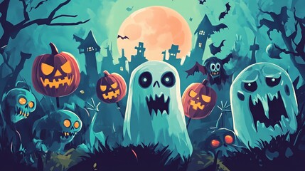 funny picture of halloween characters together, zombie, witch, pumpkin, vampire, frankinstein, castle and spirits