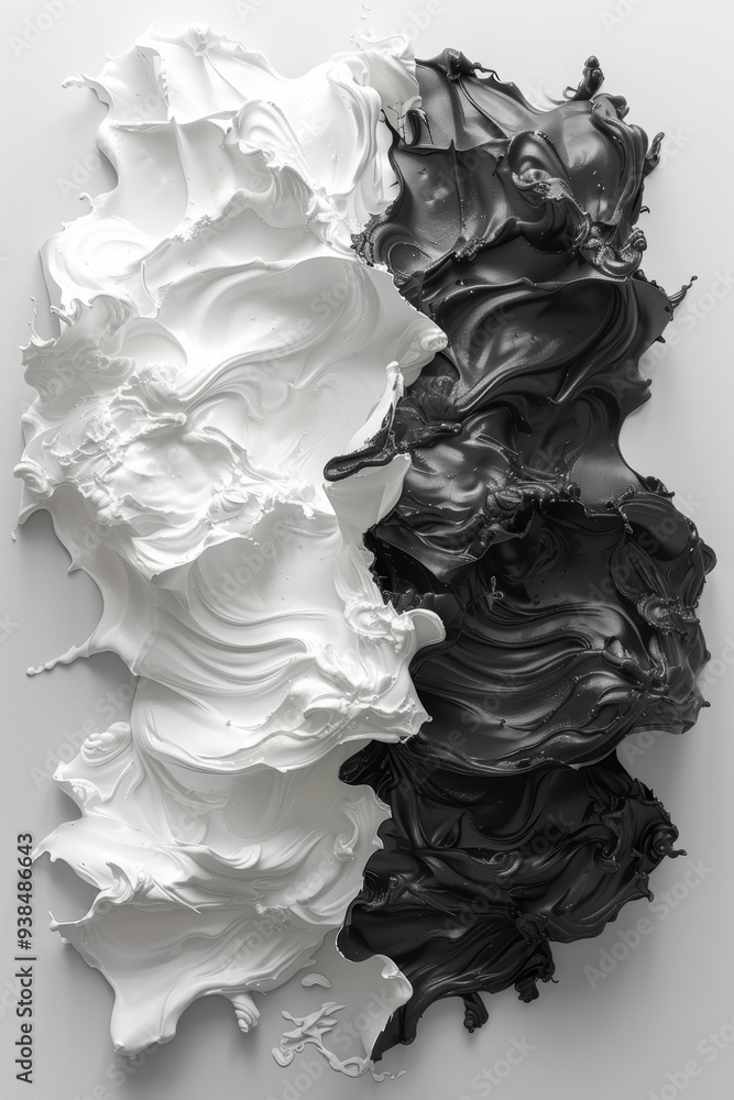 Poster thick black and white paint swirls blend into each other, creating an abstract texture on a smooth s