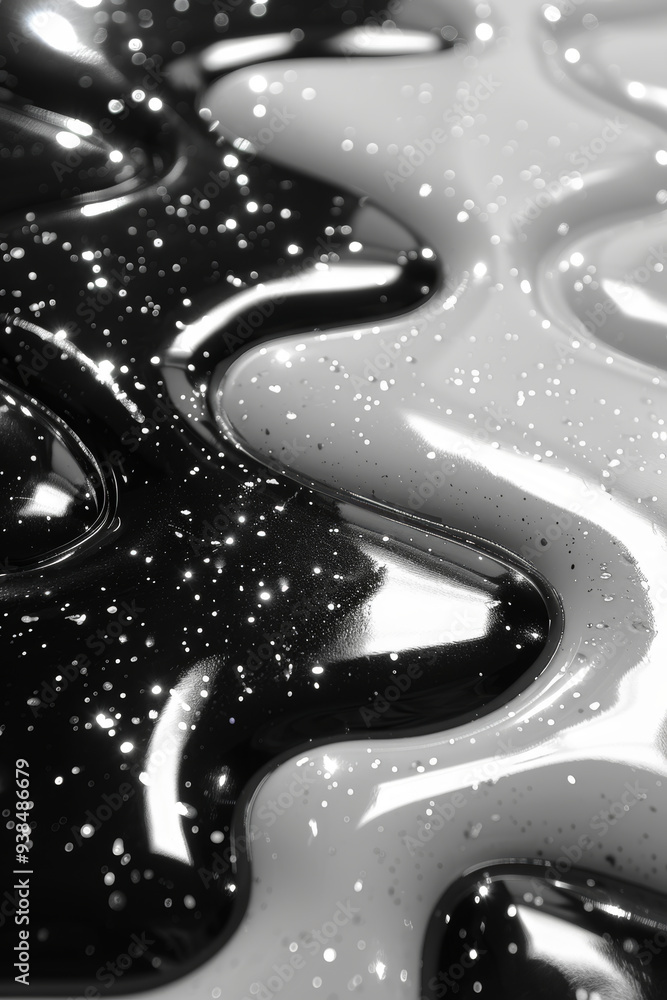 Poster the shiny black and white surface showcases a wavy pattern, sparkling with glitter creating an artis