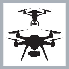 Drone quadcopter with camera black symbol, Black silhouette of military drone. Top, front and side view. Army aircraft for intelligence and attack, silhouette of a drone flying