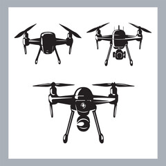 Drone quadcopter with camera black symbol, Black silhouette of military drone. Top, front and side view. Army aircraft for intelligence and attack, silhouette of a drone flying
