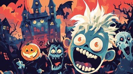 funny picture of halloween characters together, zombie, witch, pumpkin, vampire, frankinstein, castle and spirits