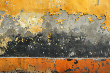 Fototapeta premium A textured wall displays layers of peeling gray, orange, and yellow paint, showcasing weathering and decay over time.