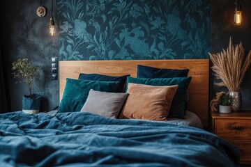 Bed table in stylish bedroom with decorative wallpaper and velvet wall , ai