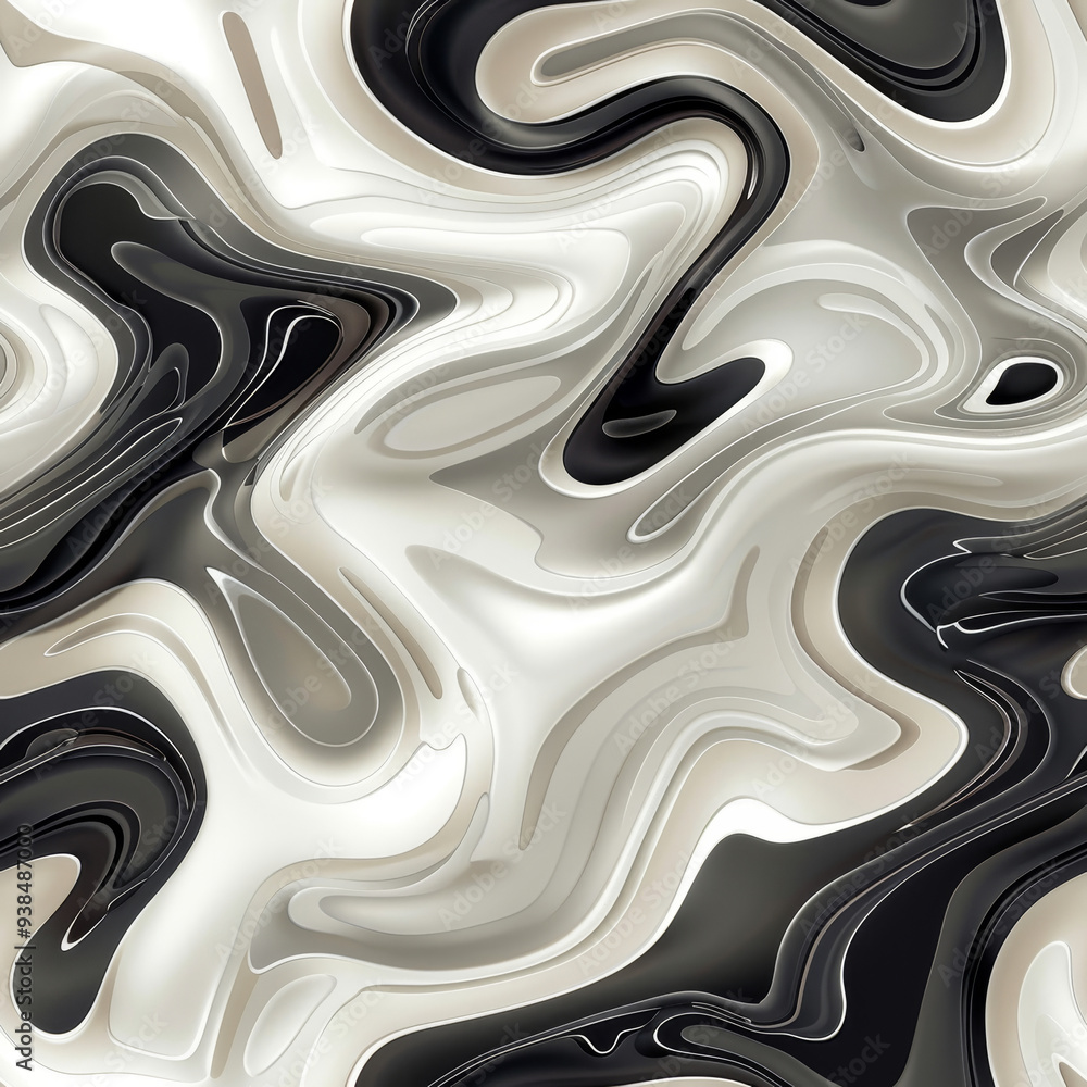Poster a fluid black and white design creates a mesmerizing abstract pattern on a smooth, glossy surface.