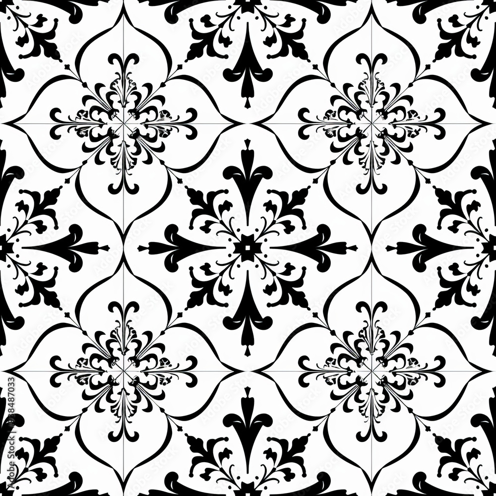 Poster a detailed floral pattern in black and white fills the tiles with an intricate design, creating a cl