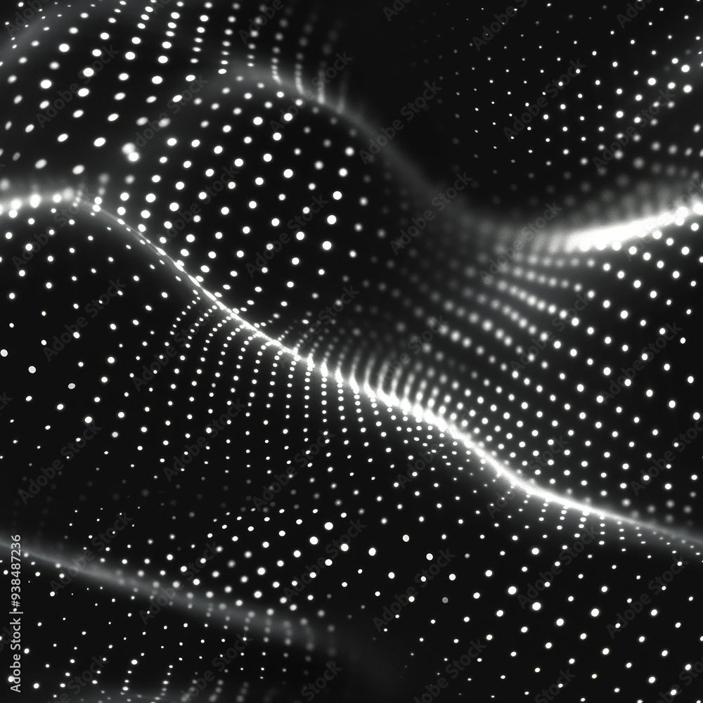 Poster glowing dots create an abstract wave pattern against a dark backdrop, showcasing depth and movement.