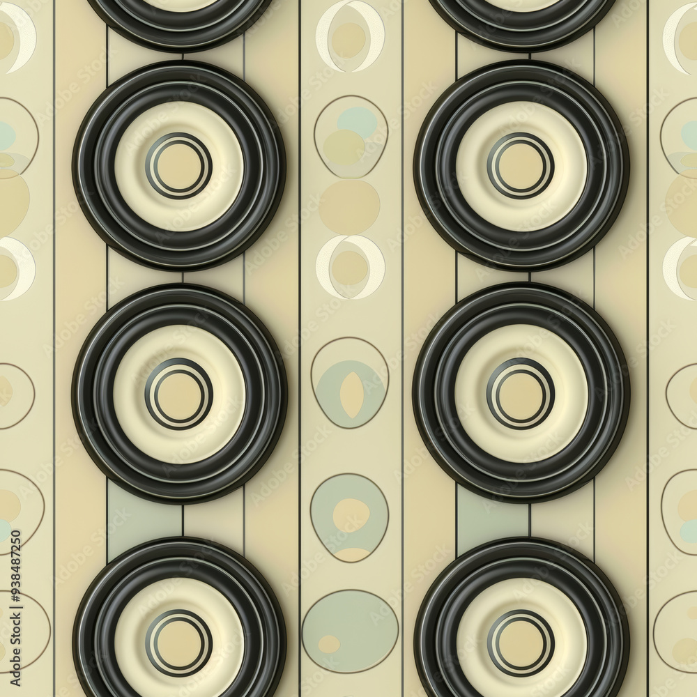 Poster repeating circular designs on a textured backdrop create a modern aesthetic with muted tones.