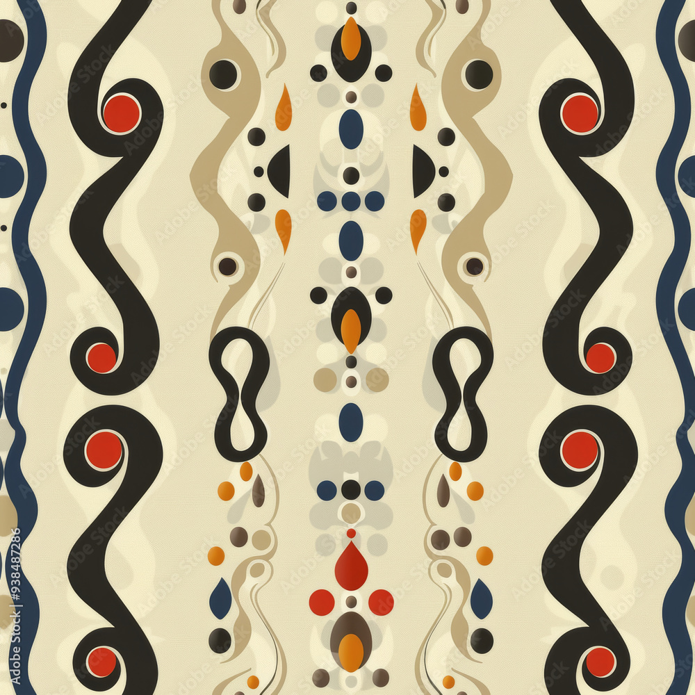 Poster a vibrant abstract design featuring swirling lines and colorful shapes on a light cream backdrop.