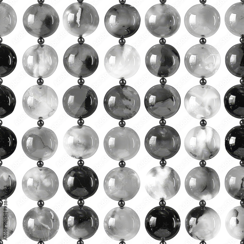 Poster strands of round black and gray beads dangle in a well-lit area, creating a visually striking patter
