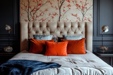 Bed table in stylish bedroom with decorative wallpaper and velvet wall , ai
