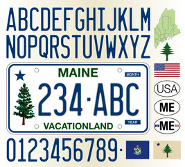 Maine new style car license plate pattern, letters, numbers and symbols, vector illustration, United States, USA