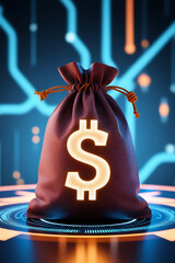 Bag of Money with Dollar Symbol and Glowing Lights