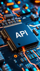 Close-Up of Circuit Board Chip with API Text in Digital Style