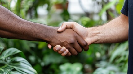 A close-up of a handshake between a dark-skinned and light-skinned hand, set against a verdant background, representing diversity, unity, and partnership.