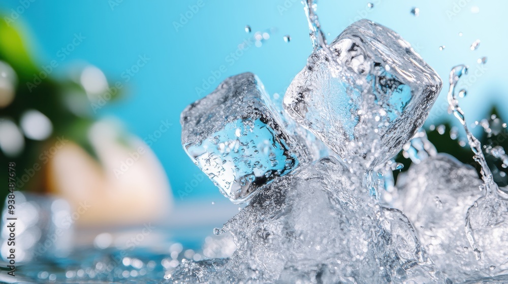 Poster ice cubes splashing into water captured in daylight with a clear reflection, representing the concep