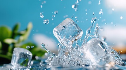 Obraz premium A dynamic shot featuring ice cubes splashing into water against a refreshing green background, capturing the essence of coolness, freshness, and the pure energy of nature.