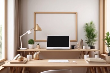 Cozy workplace interior at home with frame mockup, 3d render