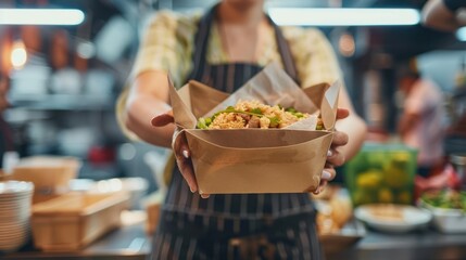 Food Stall: Close Up of a Vendor Holding a Brown Paper Box Filled With Food