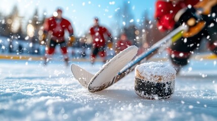 Close-up image of a hockey stick and puck on an ice rink, with players in the background, capturing the intensity and immediacy of the game play.