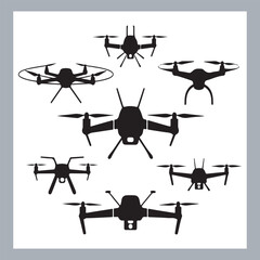 Drone quadcopter with camera black symbol, Black silhouette of military drone. Top, front and side view. Army aircraft for intelligence and attack, silhouette of a drone flying