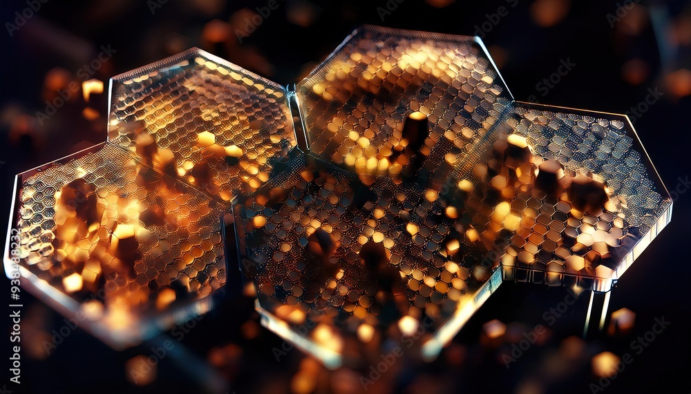 Poster abstract golden honeycomb design with bokeh effects