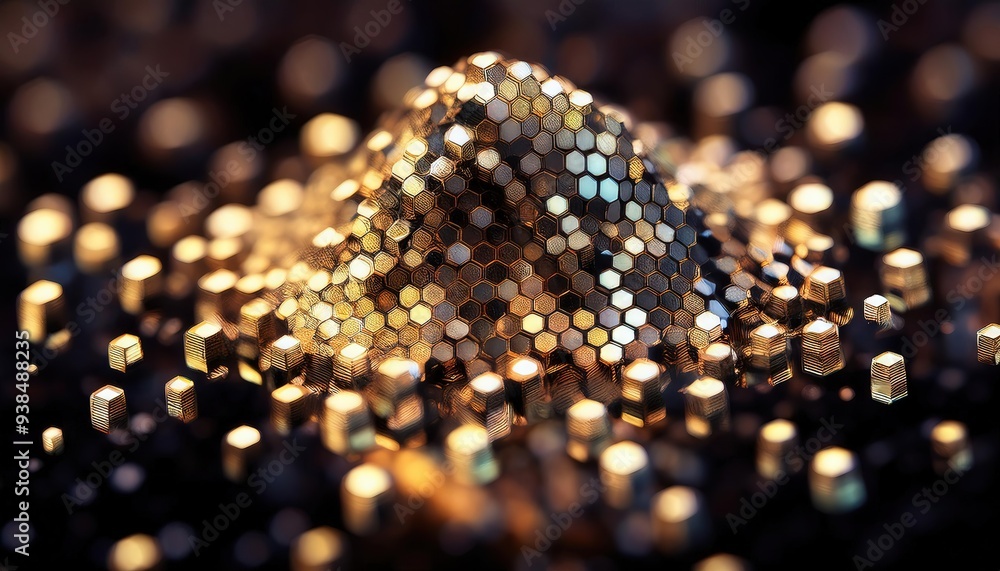 Poster abstract golden hexagonal structure with shimmering effect