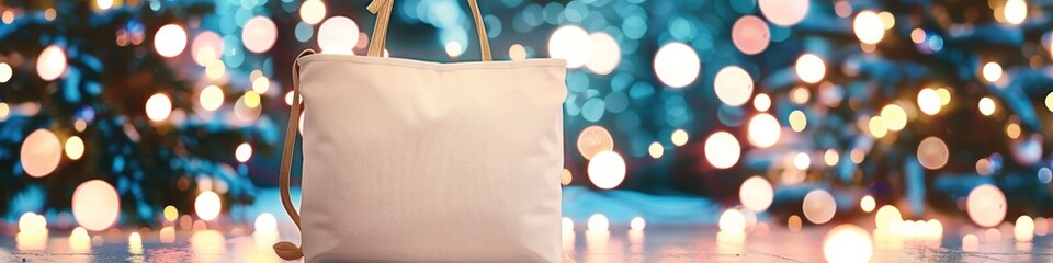 Fototapeta premium Colorful Christmas lights on a blank canvas tote bag mockup