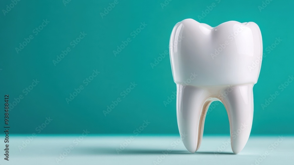 Wall mural a high-quality, glossy close-up image of a single white tooth model standing upright against a blue 