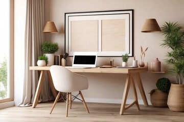 Cozy workplace interior at home with frame mockup, 3d render