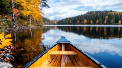 Obraz premium A canoe sits calmly on a tranquil lake, surrounded by the colorful autumn foliage of a forest, set against a background of mountains and a cloudy sky.