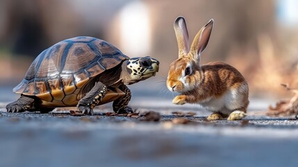 A heartwarming scene showing a turtle and a rabbit interacting on a natural outdoor surface, representing the meeting of two different species in a wild and beautiful nature setting.